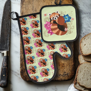 Ensemble De Gant De Cuisine Et De Manique Panda Rouge Lotus Fleurs Henné