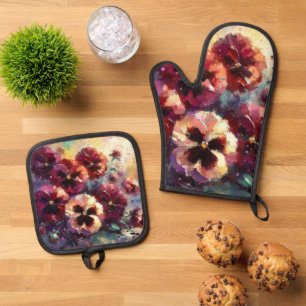 Ensemble De Gant De Cuisine Et De Manique Pansies impressionnistes de marron peint floral