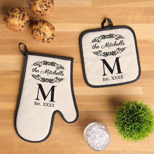 Ensemble De Gant De Cuisine Et De Manique Papier à motif filigrané noir personnalisé antique