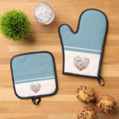 Ensemble De Gant De Cuisine Et De Manique Papillon bleu coeur blanc (De haut en bas)