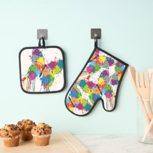 Ensemble De Gant De Cuisine Et De Manique Papillon coloré Drip Paint Aquarelle Cuisine