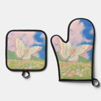Ensemble De Gant De Cuisine Et De Manique Papillon dans un champ de fleurs peinture
