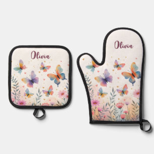 Ensemble De Gant De Cuisine Et De Manique Papillon de meadow aquarelle charmant