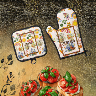 Ensemble De Gant De Cuisine Et De Manique Papillon du jardin de printemps Arc en ciel Vert s