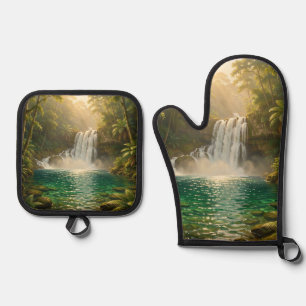 Ensemble De Gant De Cuisine Et De Manique Paradis de la jungle à cascade tropicale luxuriant