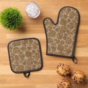 Ensemble De Gant De Cuisine Et De Manique Parties scintillant d'or - Impression de girafe