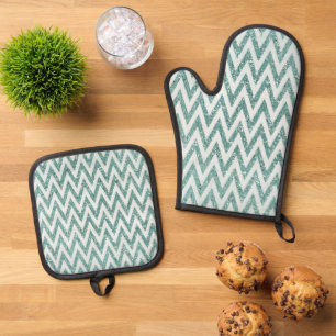 Ensemble De Gant De Cuisine Et De Manique Parties scintillant turquoise de Faux vert et blan