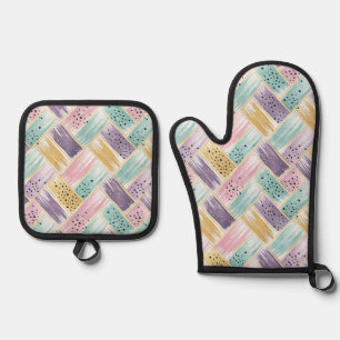 Ensemble De Gant De Cuisine Et De Manique Pastel Brushstroke & Gold Crisscross Abstrait