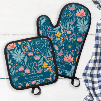Ensemble De Gant De Cuisine Et De Manique Pastel coloré botanique motif nom de famille bleu