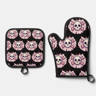 Ensemble De Gant De Cuisine Et De Manique Pastel Pink Skull and Crossbones