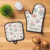 Ensemble De Gant De Cuisine Et De Manique Pastel Succulents et Fleurs Motif Personnalisé (De haut en bas)