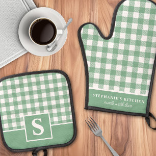 Ensemble De Gant De Cuisine Et De Manique Pastel Vert Sauge Gingham Carreaux Vichy À Carreau