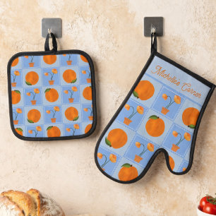 Ensemble De Gant De Cuisine Et De Manique Patchwork de pêches lumineuses et de fleurs joyeus