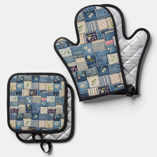 Ensemble De Gant De Cuisine Et De Manique Patchwork Denim (Recto/Verso)