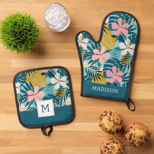 Ensemble De Gant De Cuisine Et De Manique Pattern tropical hibiscus (De haut en bas)