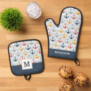 Ensemble De Gant De Cuisine Et De Manique Patters nauticaux avec Anchors