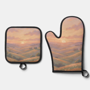 Ensemble De Gant De Cuisine Et De Manique Paysage Pastel de Collines Ondulantes au Coucher d