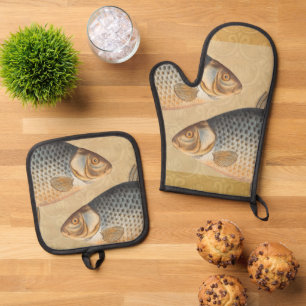 Ensemble De Gant De Cuisine Et De Manique Pêche à la carpe peinture à l'eau douce