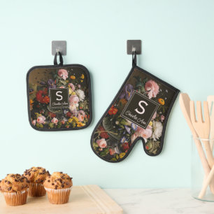 Ensemble De Gant De Cuisine Et De Manique Peinture artistique de fleurs baroques élégantes n