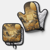 Ensemble De Gant De Cuisine Et De Manique Peinture chinoise Faux Golden Dripping Monogramme (Recto/Verso)
