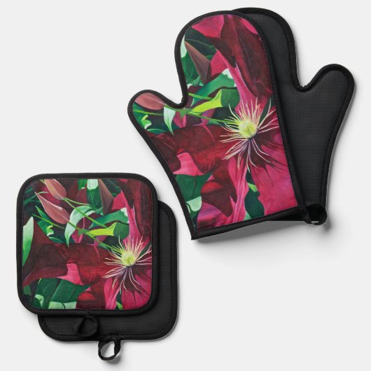 Ensemble De Gant De Cuisine Et De Manique Peinture Clematis Violet (Recto/Verso)