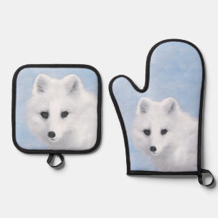 Ensemble De Gant De Cuisine Et De Manique Peinture d'hiver de Fox Arctique Art original de l