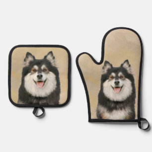 Ensemble De Gant De Cuisine Et De Manique Peinture lapon finlandaise Art Chien noir et Tan