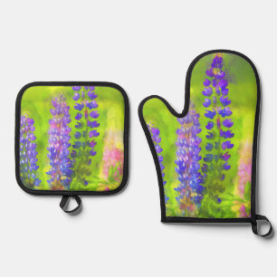 Ensemble De Gant De Cuisine Et De Manique Peinture Lupine Art Fleur sauvage original