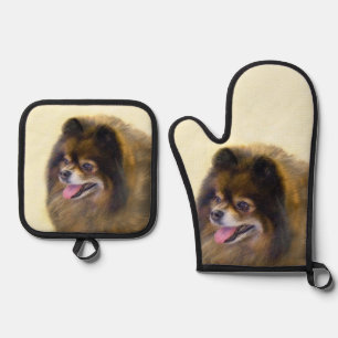 Ensemble De Gant De Cuisine Et De Manique Peinture Poméranienne Orange Sable Original Chien 