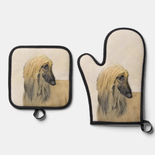Ensemble De Gant De Cuisine Et De Manique Peinture rouge masquée noir Hound Afghan Pet Dog A