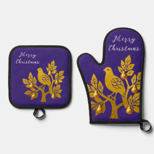 Ensemble De Gant De Cuisine Et De Manique Perdrix dans un arbre poirier violet Joyeux Noël