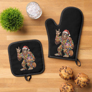 Ensemble De Gant De Cuisine Et De Manique Père Noël Bigfoot Lumières de Noël Rock Drôle