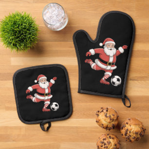 Ensemble De Gant De Cuisine Et De Manique Père Noël Joue au Football Noël Sports