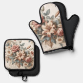 Ensemble De Gant De Cuisine Et De Manique Perfection florale ancienne légère (Recto/Verso)