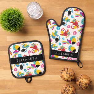 Ensemble De Gant De Cuisine Et De Manique Perroquets colorés, perroquets tropicaux, Votre No