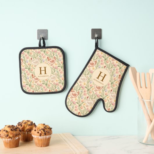 Ensemble De Gant De Cuisine Et De Manique Personalized Chicken Monogram Kitchen Set (In situ (suspendu))
