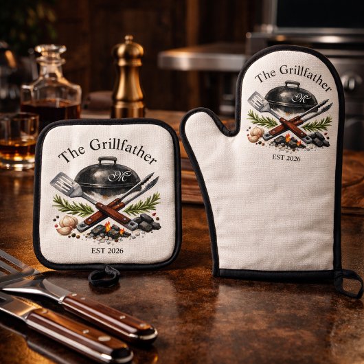 Ensemble De Gant De Cuisine Et De Manique Personalized Grillfather Monogram