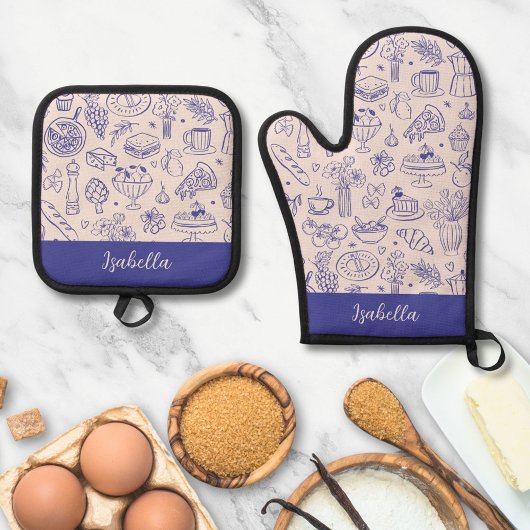 Ensemble De Gant De Cuisine Et De Manique Personalized Name Cute Hand Drawn Food