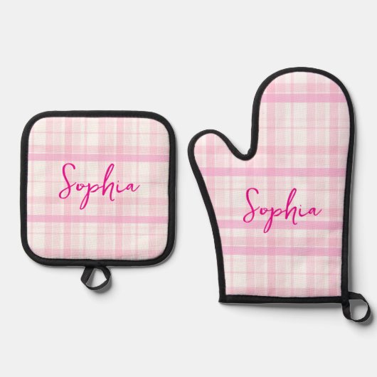 Ensemble De Gant De Cuisine Et De Manique Personalized Pink Plaid (Recto)