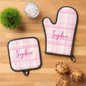 Ensemble De Gant De Cuisine Et De Manique Personalized Pink Plaid (De haut en bas)