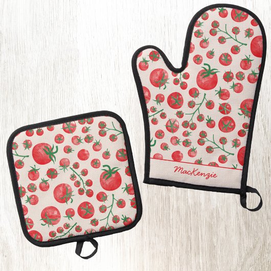 Ensemble De Gant De Cuisine Et De Manique Personalized Watercolor Tomato Pattern