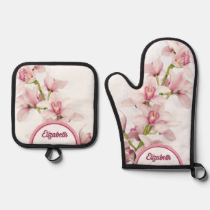 Ensemble De Gant De Cuisine Et De Manique Personnalisé Cymbidium rose orchidée florale