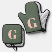Ensemble De Gant De Cuisine Et De Manique Personnalisé Simple Bold Monogramme rose et vert (Recto/Verso)