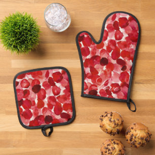 Ensemble De Gant De Cuisine Et De Manique Pétales de rose rouge romantiques Fleur d'amour