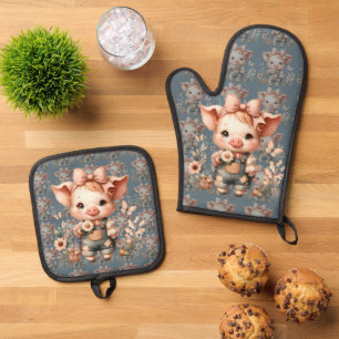 Ensemble De Gant De Cuisine Et De Manique Petit Cochon Fantaisiste en Salopette Pastel Bleu