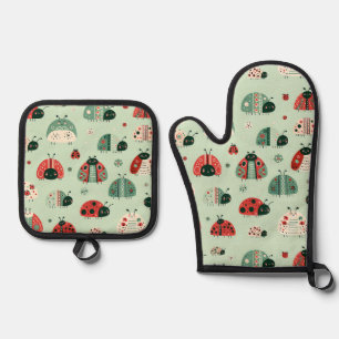 Ensemble De Gant De Cuisine Et De Manique Petits Insectes Festifs