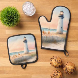 Ensemble De Gant De Cuisine Et De Manique Phare de bord de mer et chalet d'aquarelle scène
