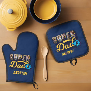 Ensemble De Gant De Cuisine Et De Manique Photos personnalisées Super Papa Superhero Monogra