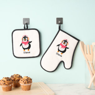 Ensemble De Gant De Cuisine Et De Manique Pingouin de Noël Jolly en écharpe avec des bouffée
