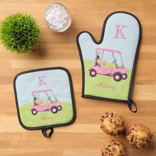 Ensemble De Gant De Cuisine Et De Manique Pink Golf Cart Clubs Monogramme Nom (De haut en bas)